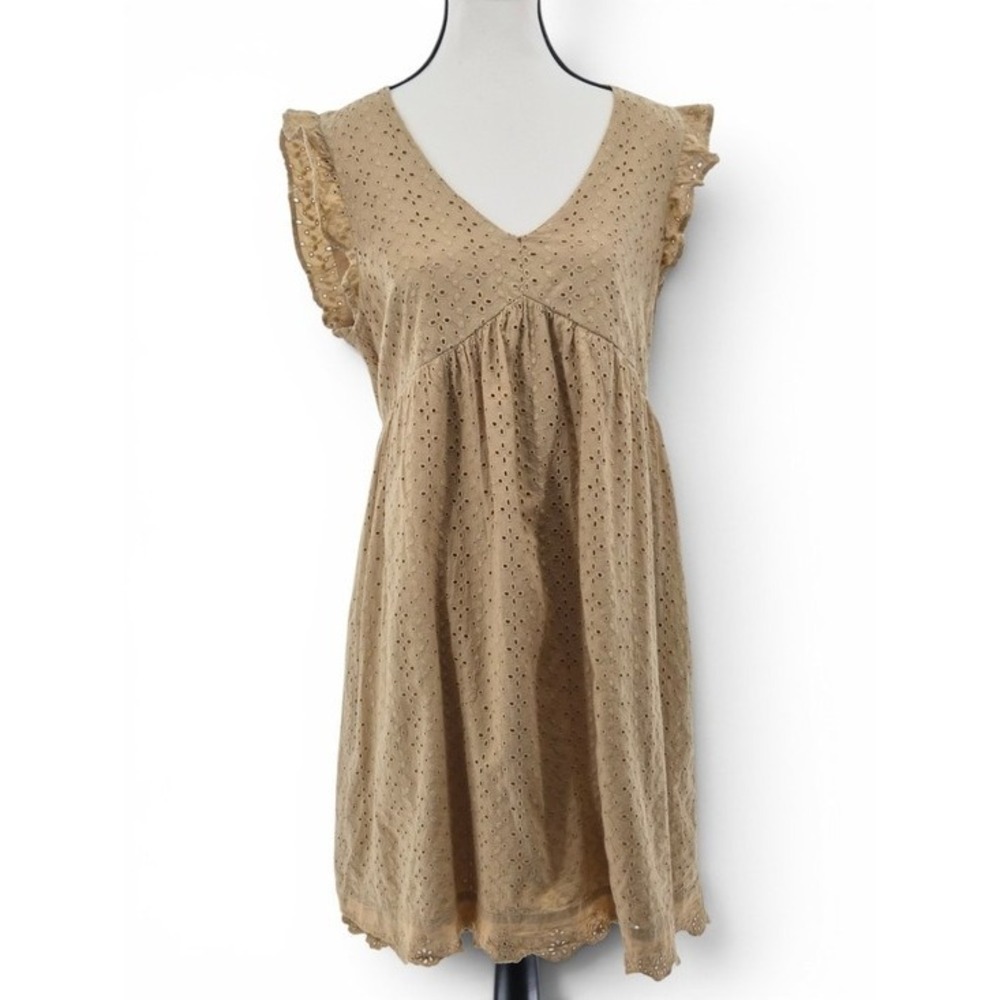 Knox Rose Tan Eyelet Babydoll Mini Dress M 100% Cotton Ruffle Sleeves Babydoll